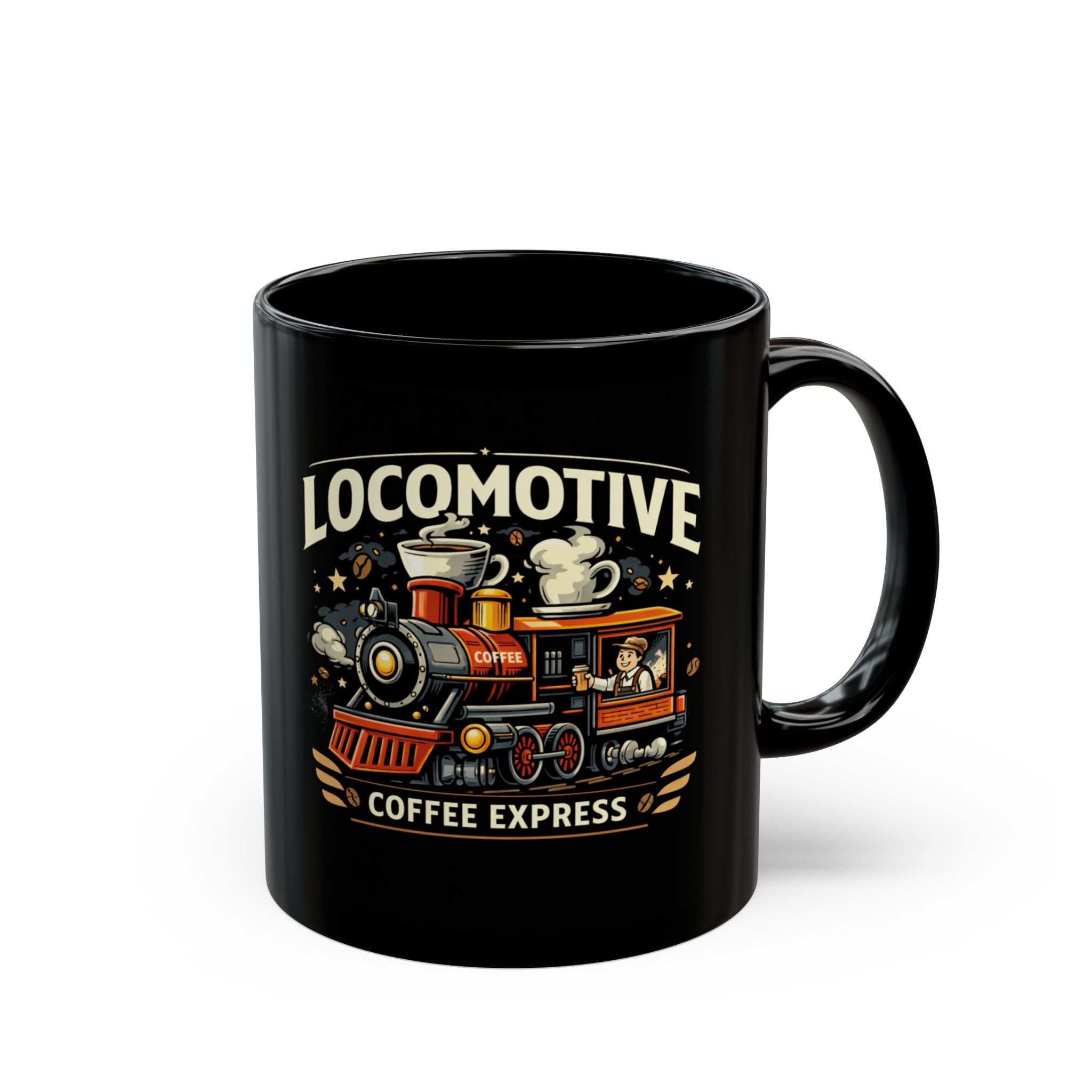 Vintage Steam Train Black Mug – 'All Aboard' Retro Locomotive Coffee Cup (11oz, 15oz)
